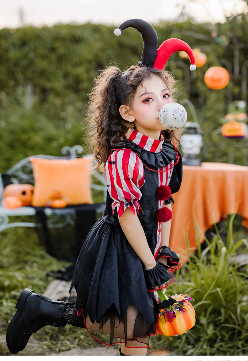 Halloween children's costume; clown costume for girls; party dress for a fun outfit; carnival performance outfit.