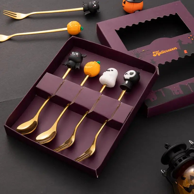 Halloween Tableware Stainless Steel Coffee Spoon Halloween Dessert Spoon Fruit Fork Theme Party Tableware Set