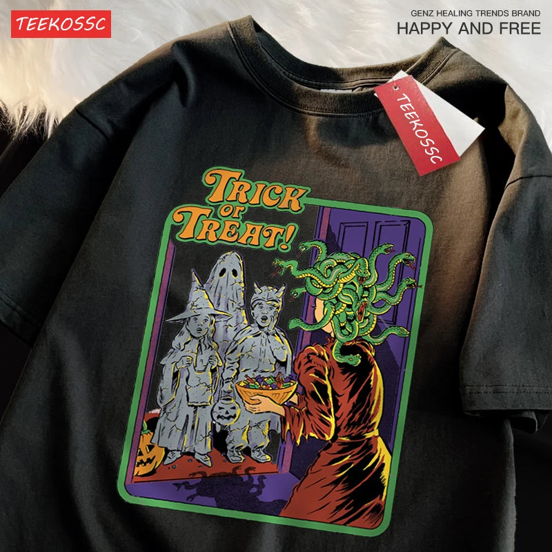 Trick Or Treat Scary Halloween T-Shirts Men Women Fashion Cotton Short Sleeve Summer Oversize T-Shirt Casual Street Streetwear