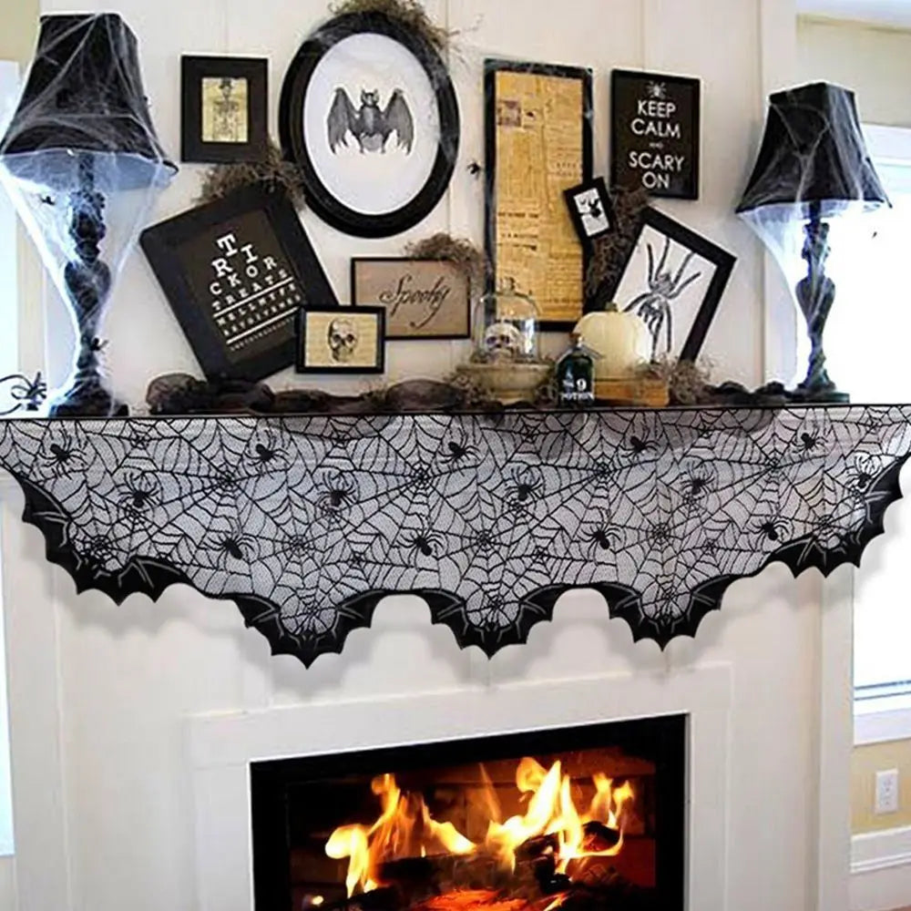 New Halloween Bat Table Runner Lace Web Skeleton Skull Tablecloth Black Fireplace Mantel Scarf Event Party Decoration Supplies
