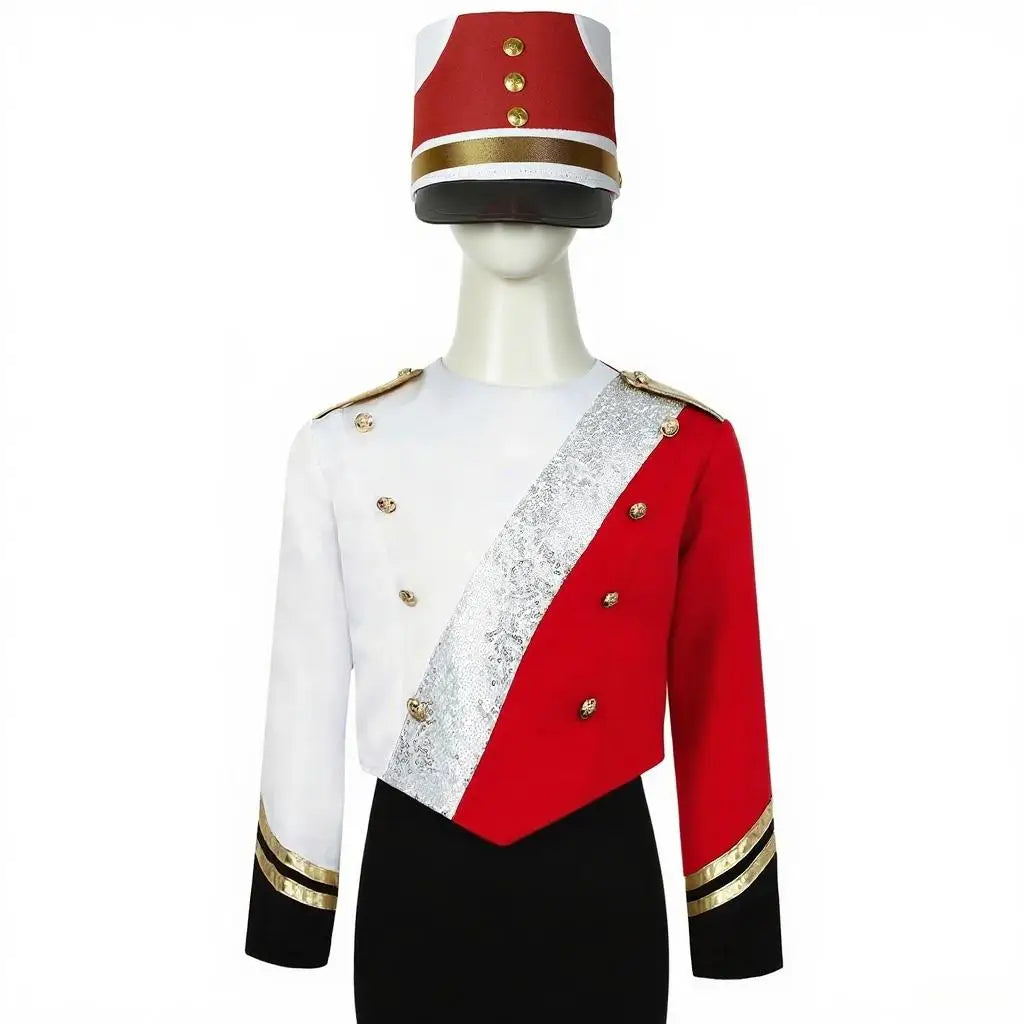 Kids Boys Marching Band Costume Halloween Tops Uniform Metallic Gloss Sequins Mock Neck Coat Long Sleeve Epaulets Buttons Jacket