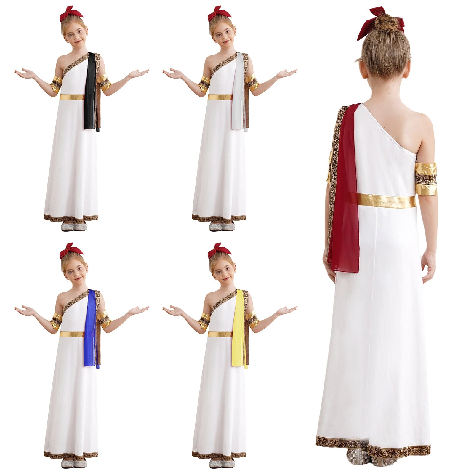 Kids Girls Halloween Ancient Greek Toga Classic Roman Carnival Cosplay Costume One Shoulder Embroider Robe with Removable Cuffs