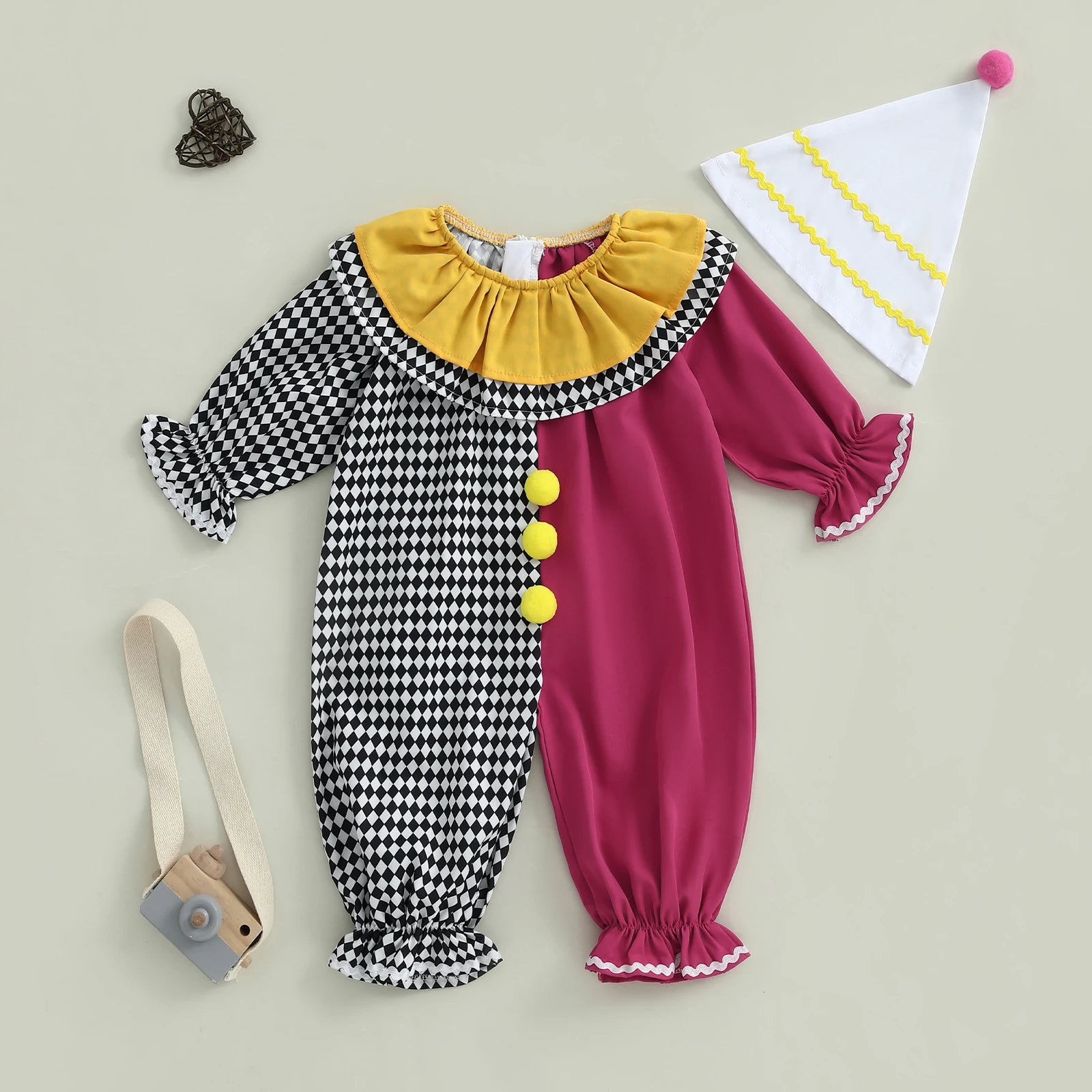 Toddler Baby Clown Halloween Costume Contrast Color Long Sleeve Jumpsuit and Hat 2 Pcs Set
