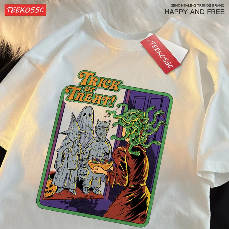 Trick Or Treat Scary Halloween T-Shirts Men Women Fashion Cotton Short Sleeve Summer Oversize T-Shirt Casual Street Streetwear
