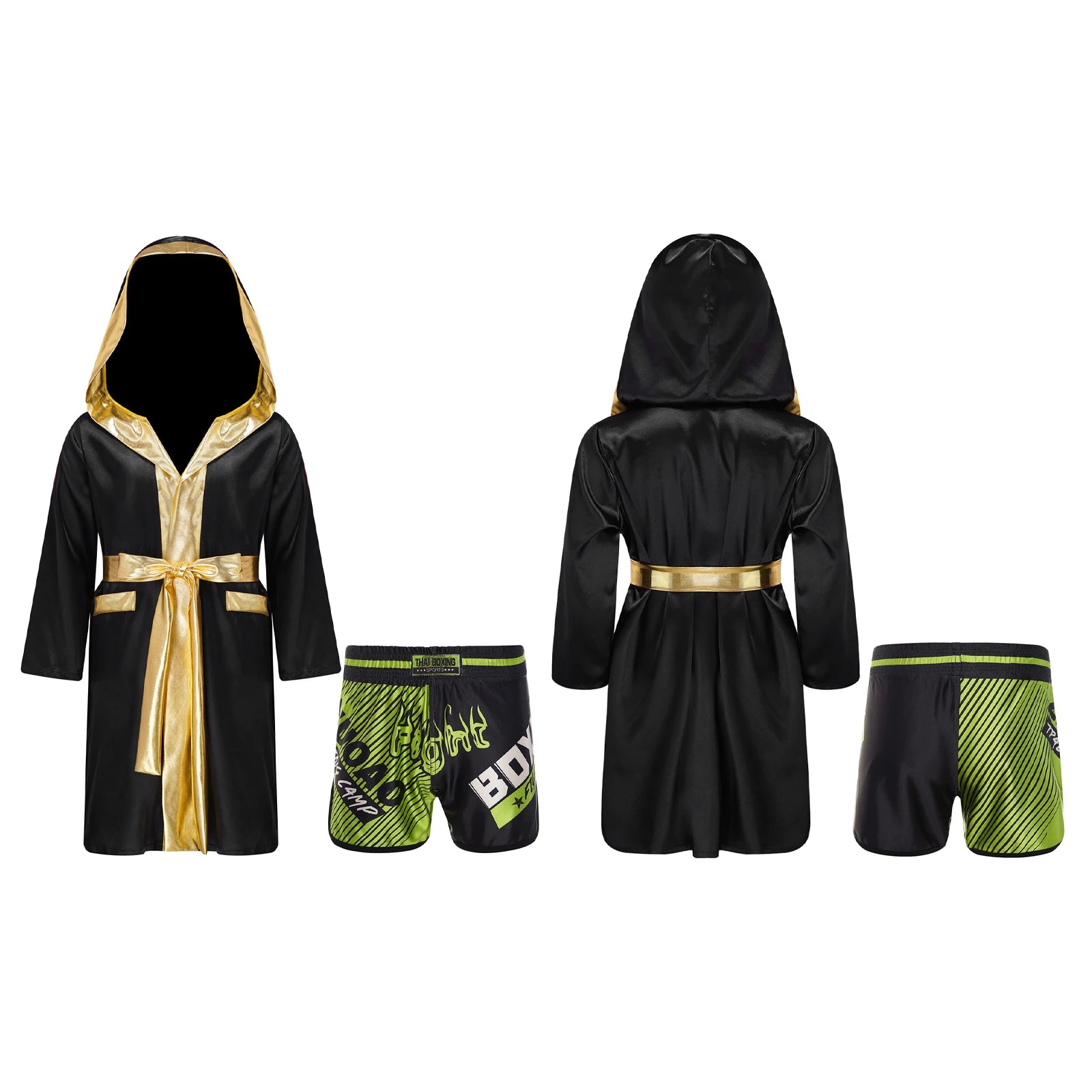Boys Boxing Robe Outfit Halloween Theme Party Boxer Cosplay Costume Long Sleeve Metallic Satin Hooded Cloak with Belt Shorts