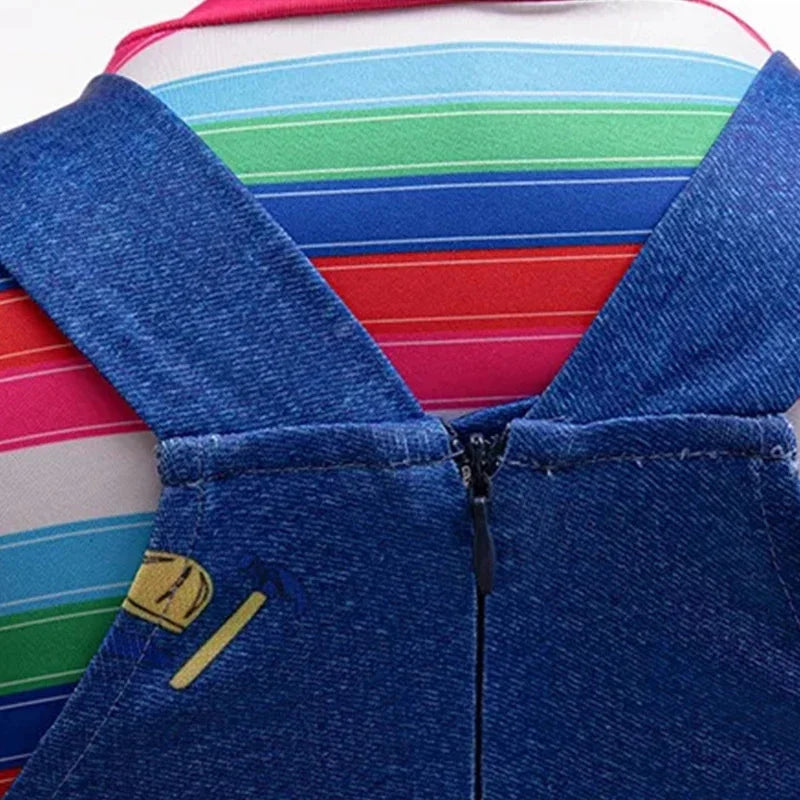 Toddler Girls Halloween Killer Costume 2PCS Blue Denim Dress With Rainbow Striped Shirt Outfit For Kids Horror Party Play Outfit