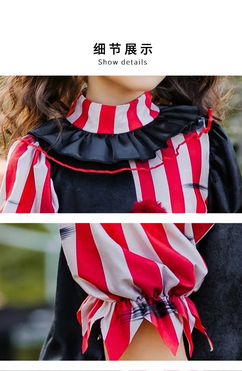 Halloween children's costume; clown costume for girls; party dress for a fun outfit; carnival performance outfit.
