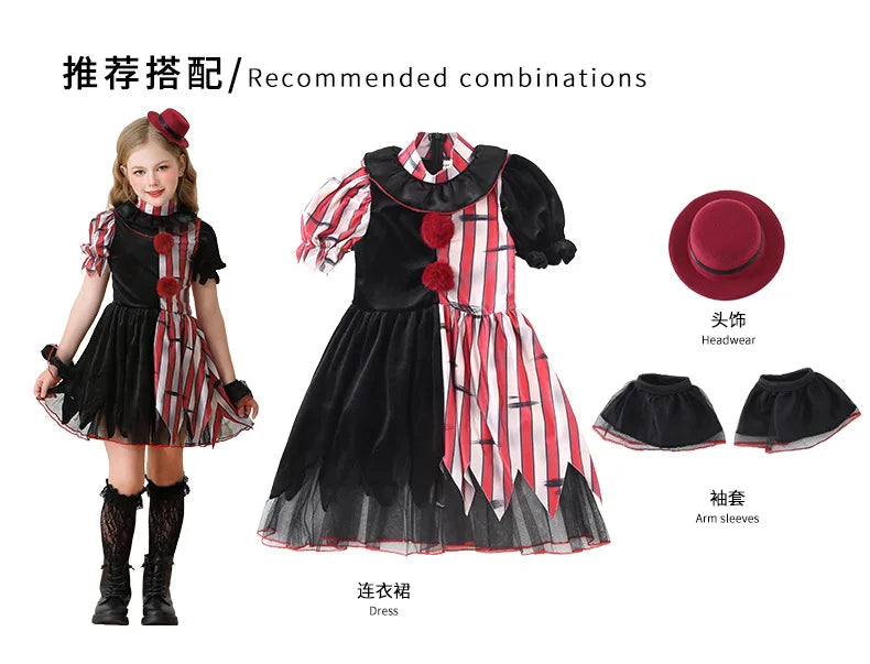 Halloween children's costume; clown costume for girls; party dress for a fun outfit; carnival performance outfit.