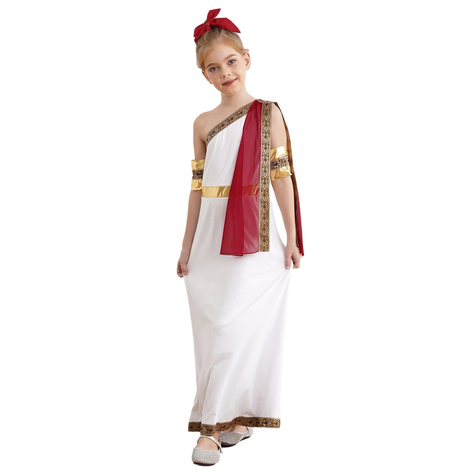 Kids Girls Halloween Ancient Greek Toga Classic Roman Carnival Cosplay Costume One Shoulder Embroider Robe with Removable Cuffs