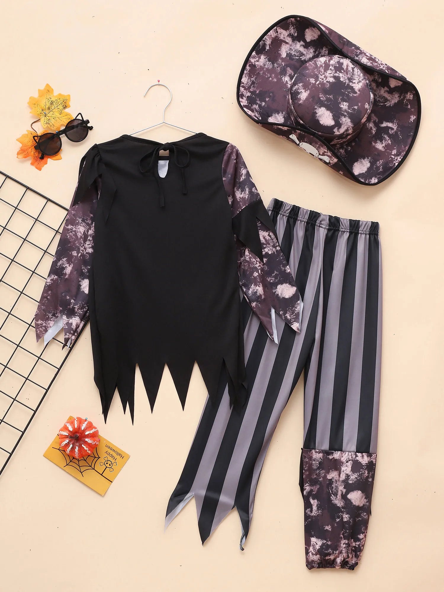 Boys Halloween Medieval Pirate Cosplay Costume Carnival Roleplay Suit Irregular Fringe Long Sleeve Top Striped Pants and Hat Set