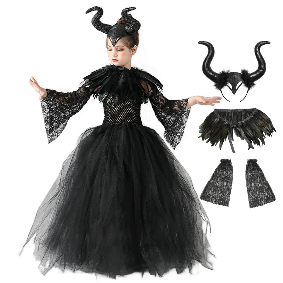 Halloween Maleficents Costume for Girls Evil Queen Dress Up Costumes Witch Devil Black Tulle Mesh Princess Dress Cosplay Clothes