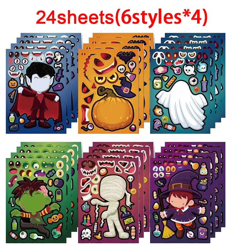Halloween Party Games Stickers for Kids Make A Pumpkin/Skeleton/Ghost/Witch/Zombie/Mummy Face Stickers Children Party Gifts Toys