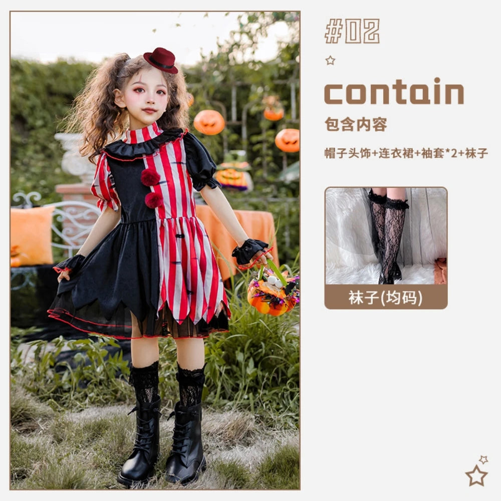 Halloween children's costume; clown costume for girls; party dress for a fun outfit; carnival performance outfit.