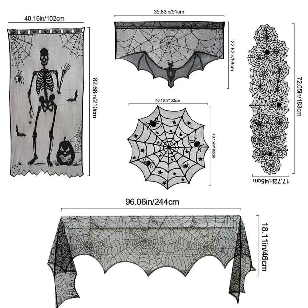 New Halloween Bat Table Runner Lace Web Skeleton Skull Tablecloth Black Fireplace Mantel Scarf Event Party Decoration Supplies