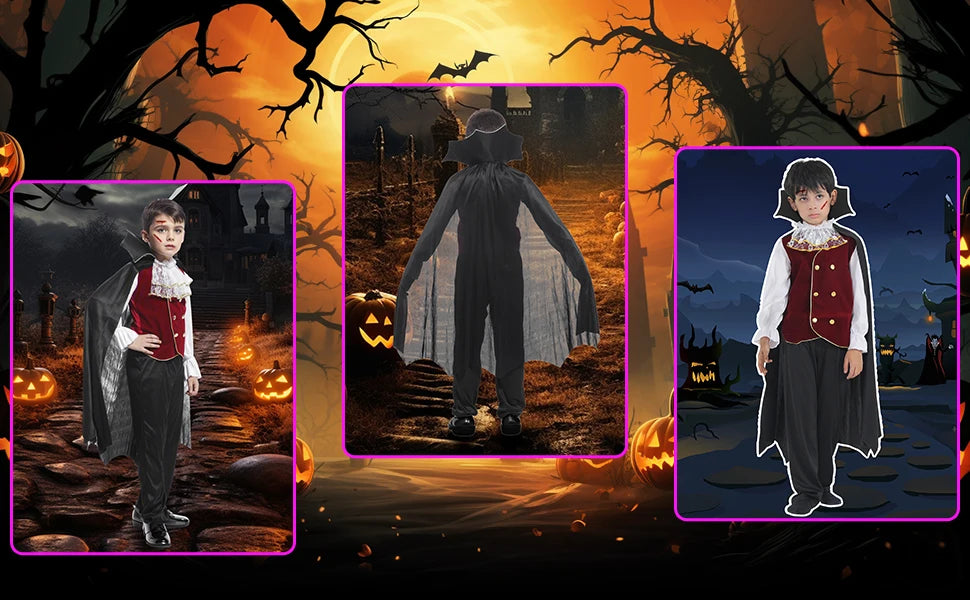 Boys Halloween Vampire Cosplay Costume Kids Carnival Party Dress up Outfit Role Play Costumes with False Teeth Walking Cane