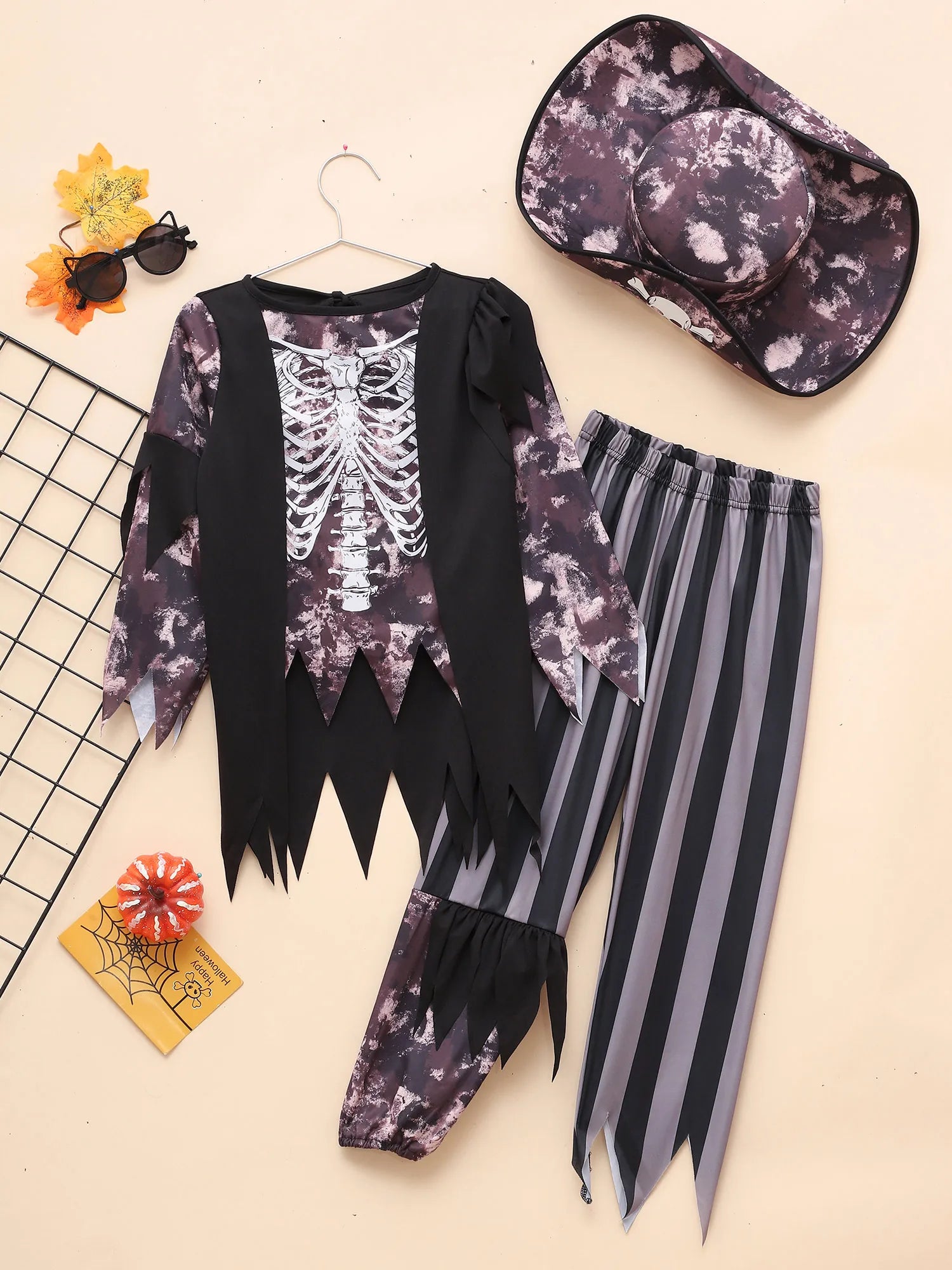 Boys Halloween Medieval Pirate Cosplay Costume Carnival Roleplay Suit Irregular Fringe Long Sleeve Top Striped Pants and Hat Set