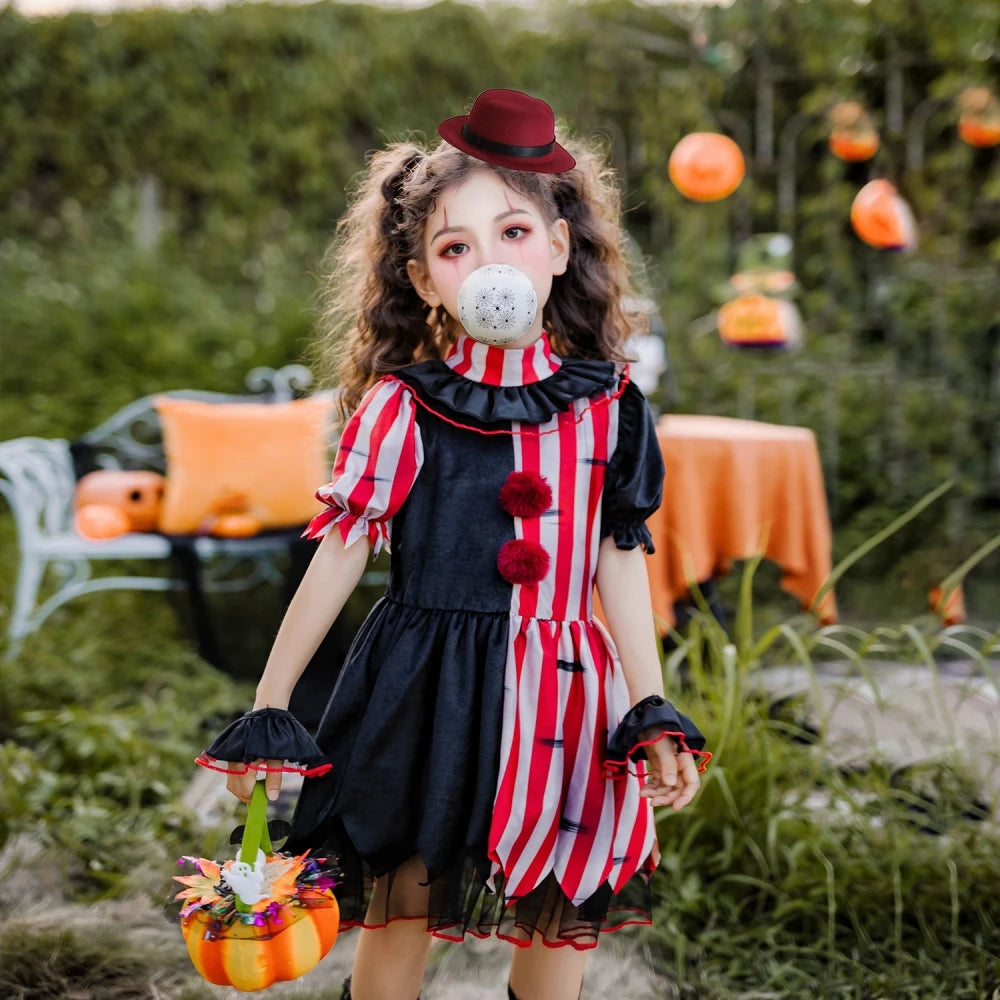 Halloween children's costume; clown costume for girls; party dress for a fun outfit; carnival performance outfit.