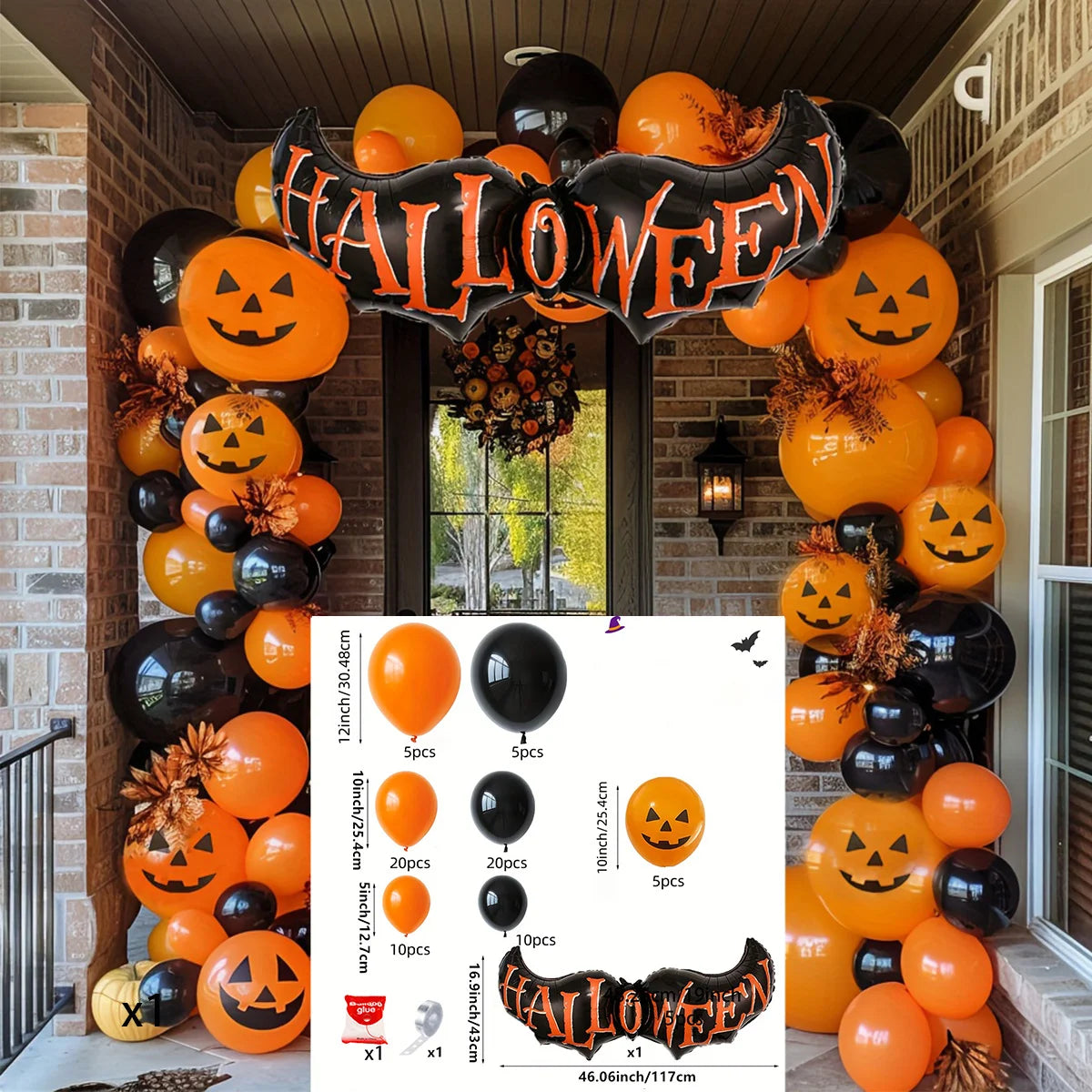 72 Halloween balloon sets, black and orange balloons, used for horror party decoration for anniversaries, graduations, birthdays