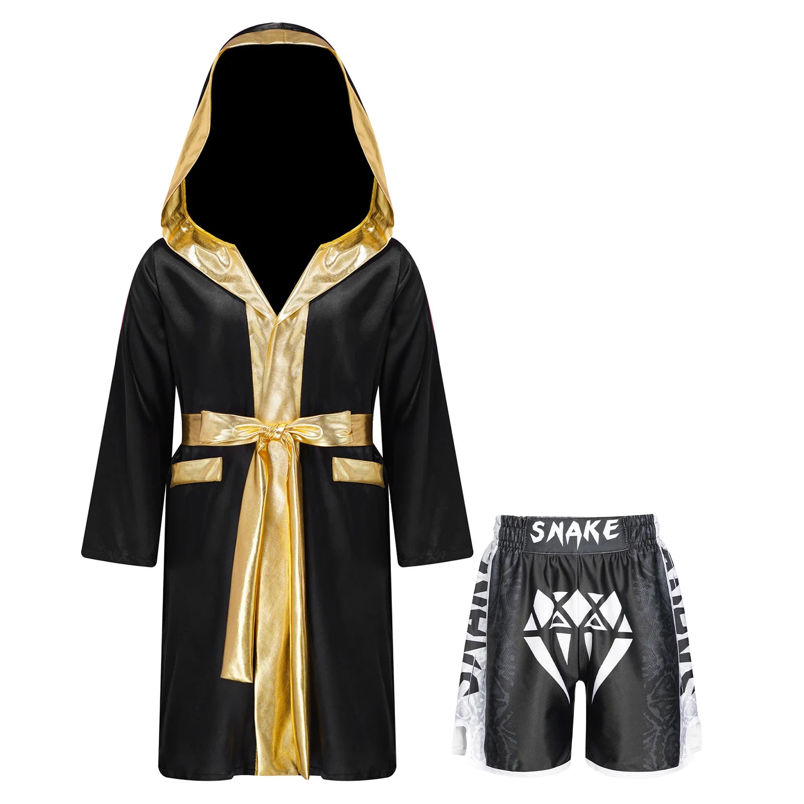 Boys Boxing Robe Outfit Halloween Theme Party Boxer Cosplay Costume Long Sleeve Metallic Satin Hooded Cloak with Belt Shorts