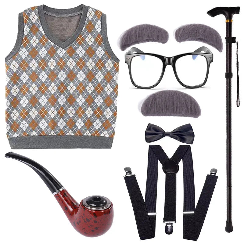 Kids 100 Days of School Boys Set Old Man Halloween Costume Dress up and Hat, Glasses Grandpa Vest Set for Boys Outfit Accessorie