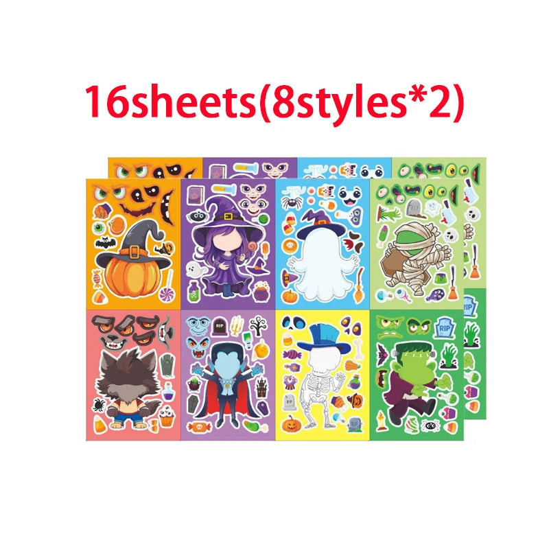 Halloween Party Games Stickers for Kids Make A Pumpkin/Skeleton/Ghost/Witch/Zombie/Mummy Face Stickers Children Party Gifts Toys