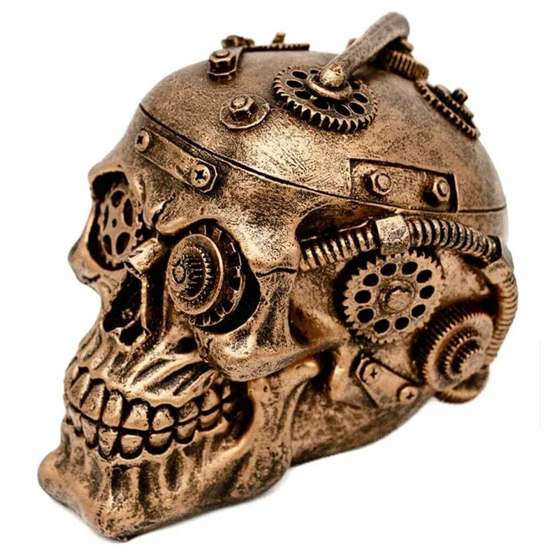Halloween Steampunk Skull Home Decor - Sci-fi Human Head Skeleton Cranium Figurine Cyborg Protruding Gearwork Statue