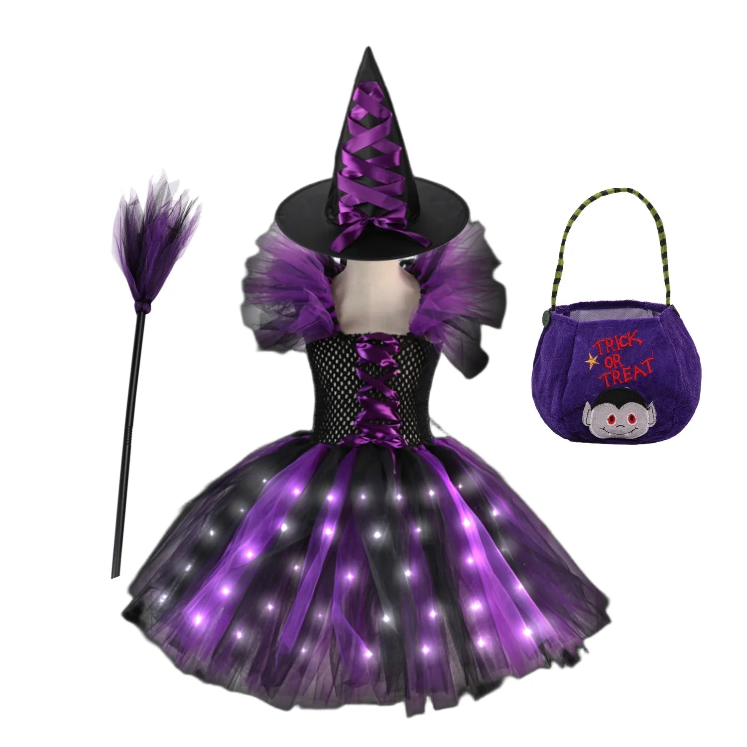 Halloween Costume For Kids Girls Witch Cosplay Tutu Knee LED Dress With Hat Broom Children Carnival Vestidos Fancy Clothes New
