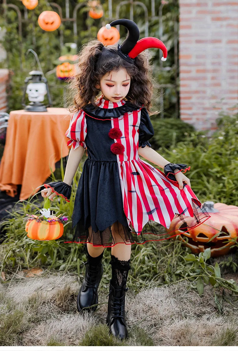 Halloween children's costume; clown costume for girls; party dress for a fun outfit; carnival performance outfit.