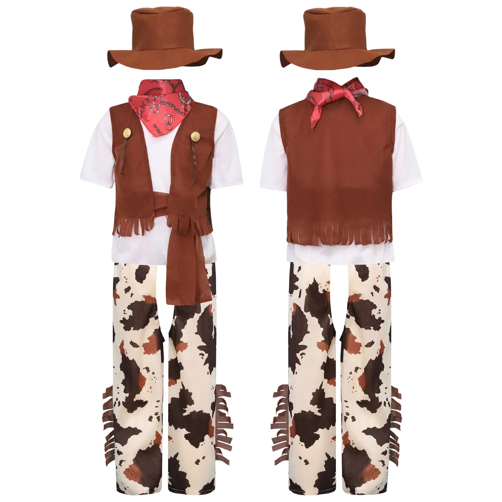 Kids Boys Halloween Western Cowboy Cosplay Costume Short Sleeve T-shirt with Pants Vest Hat Bandana Belt Set for Carnival Party