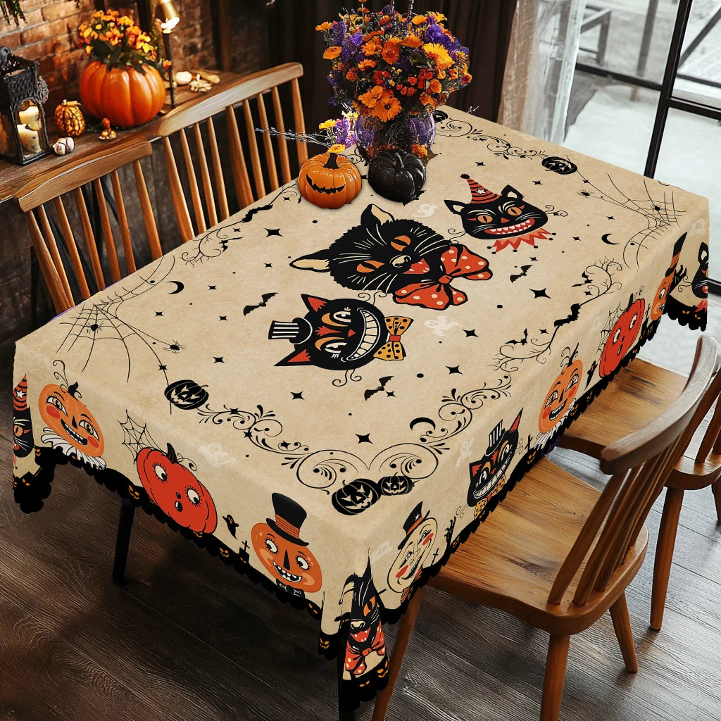1 Halloween Themed Tablecloth, Retro Farmhouse Style, Funny Pumpkin, Black Cat Pattern Design, Suitable for Holiday Parties, Camping Picnic, Garden Birthday Parties, Kitchen Accessories, Restaurant Terrace, Tablecloths for In