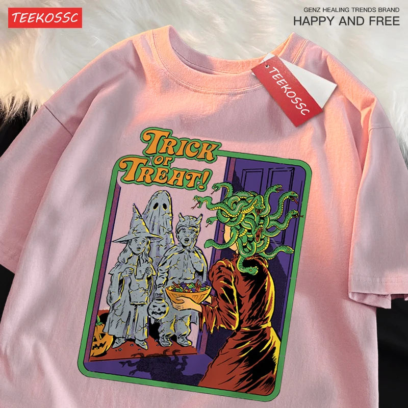 Trick Or Treat Scary Halloween T-Shirts Men Women Fashion Cotton Short Sleeve Summer Oversize T-Shirt Casual Street Streetwear