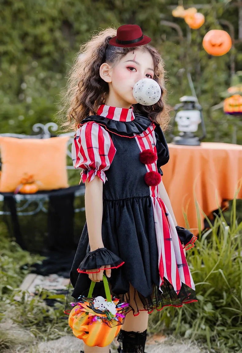 Halloween children's costume; clown costume for girls; party dress for a fun outfit; carnival performance outfit.