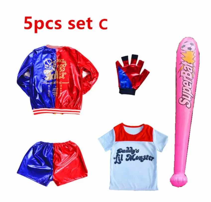 Halloween  Costume de carnaval Harleen Quinzel pour femmes et filles, T-shirts, veste supérieure avec perruque