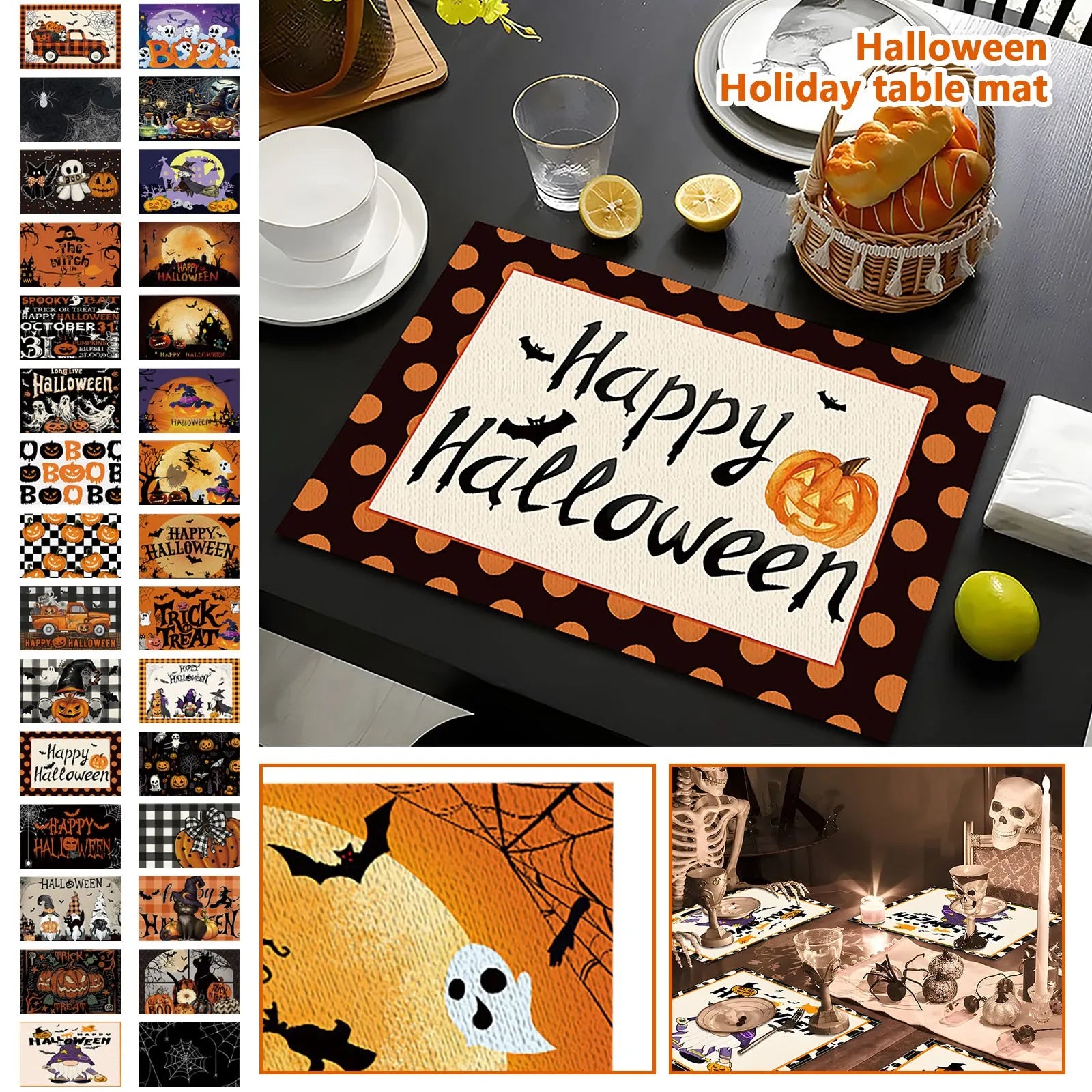 Halloween Table Placemats Linen Ghost Festival Atmosphere Table Mat Bat Pumpkin Spider Web Dining Table Decorations