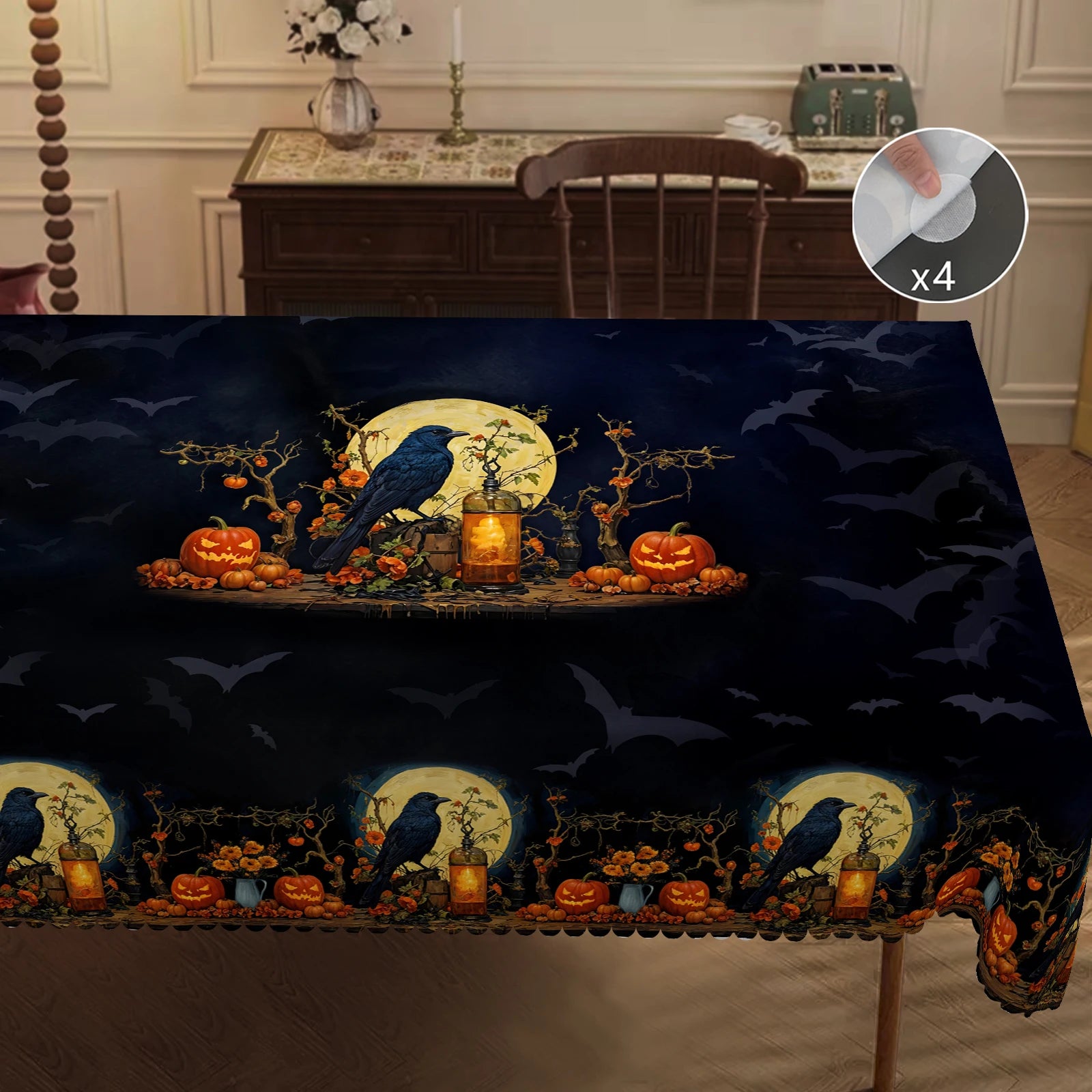 1 Piece, Halloween Theme Tablecloth + 4 Pieces Self-Adhesive, with Crow Moon, Pumpkin Lantern Pattern, Retro Exquisite Design Horror Atmosphere Scene Printing, Embossed Edge, Suitable for Home Kitchen, Living Room Dining Tabl
