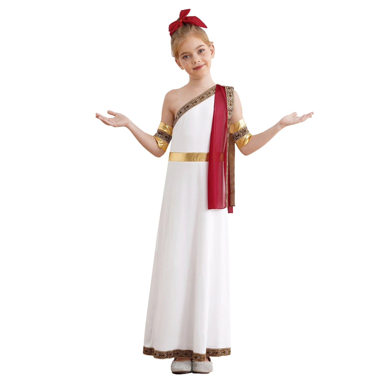 Kids Girls Halloween Ancient Greek Toga Classic Roman Carnival Cosplay Costume One Shoulder Embroider Robe with Removable Cuffs