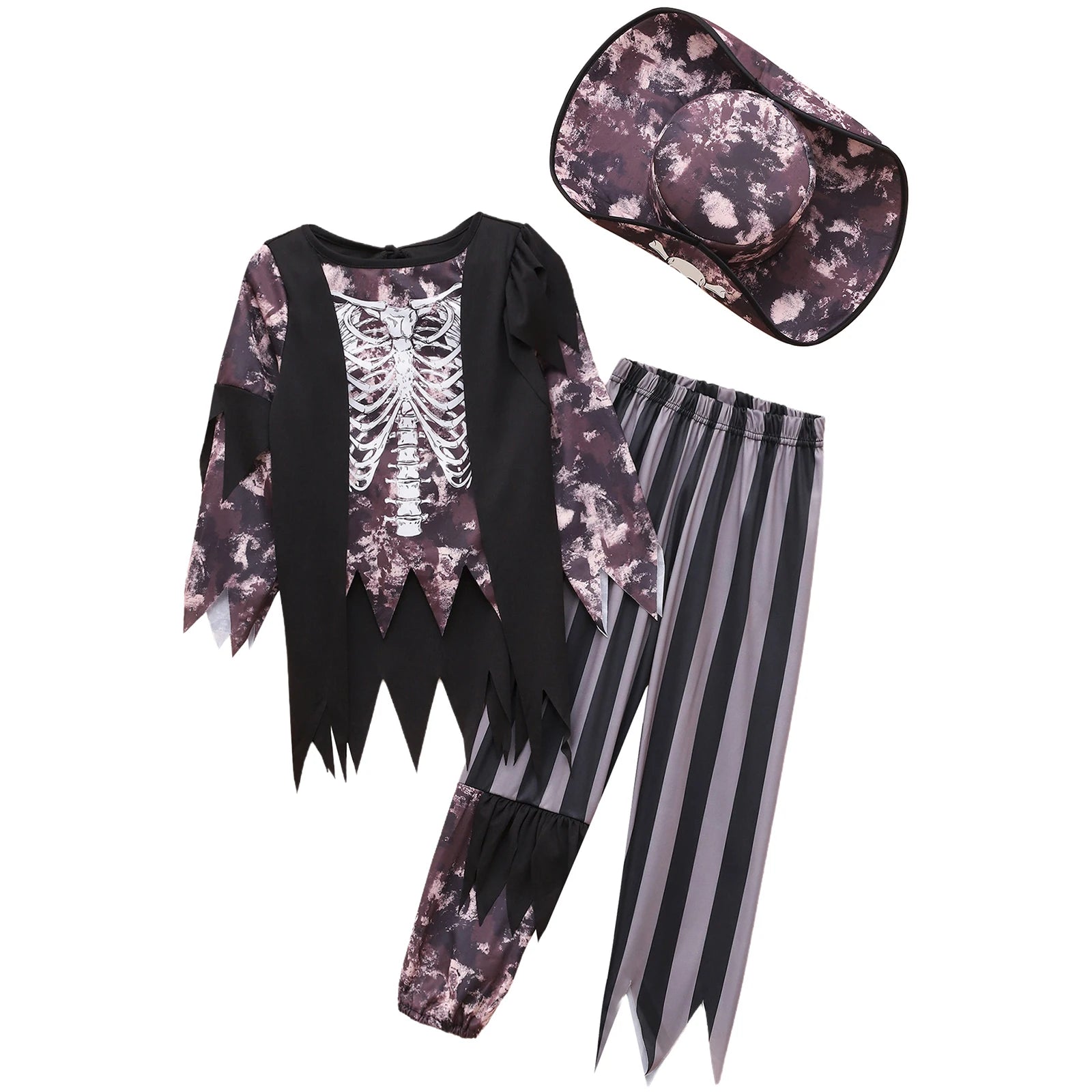 Boys Halloween Medieval Pirate Cosplay Costume Carnival Roleplay Suit Irregular Fringe Long Sleeve Top Striped Pants and Hat Set