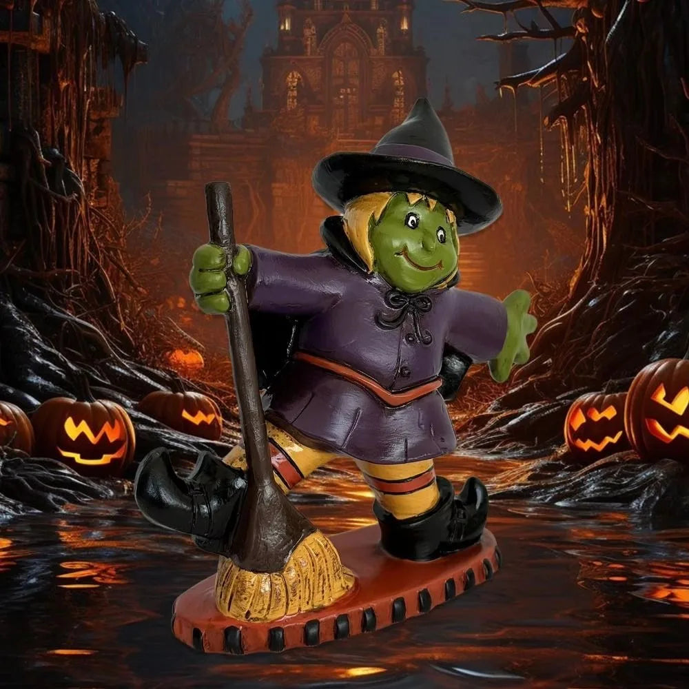 Halloween Themed Halloween Witch Figurine Resin Handicraft Desk Witch Sculpture Collectible Model Halloween Broom Witch Ornament