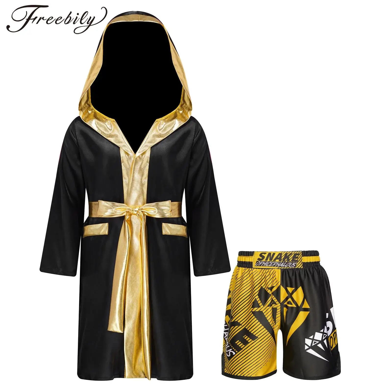 Boys Boxing Robe Outfit Halloween Theme Party Boxer Cosplay Costume Long Sleeve Metallic Satin Hooded Cloak with Belt Shorts