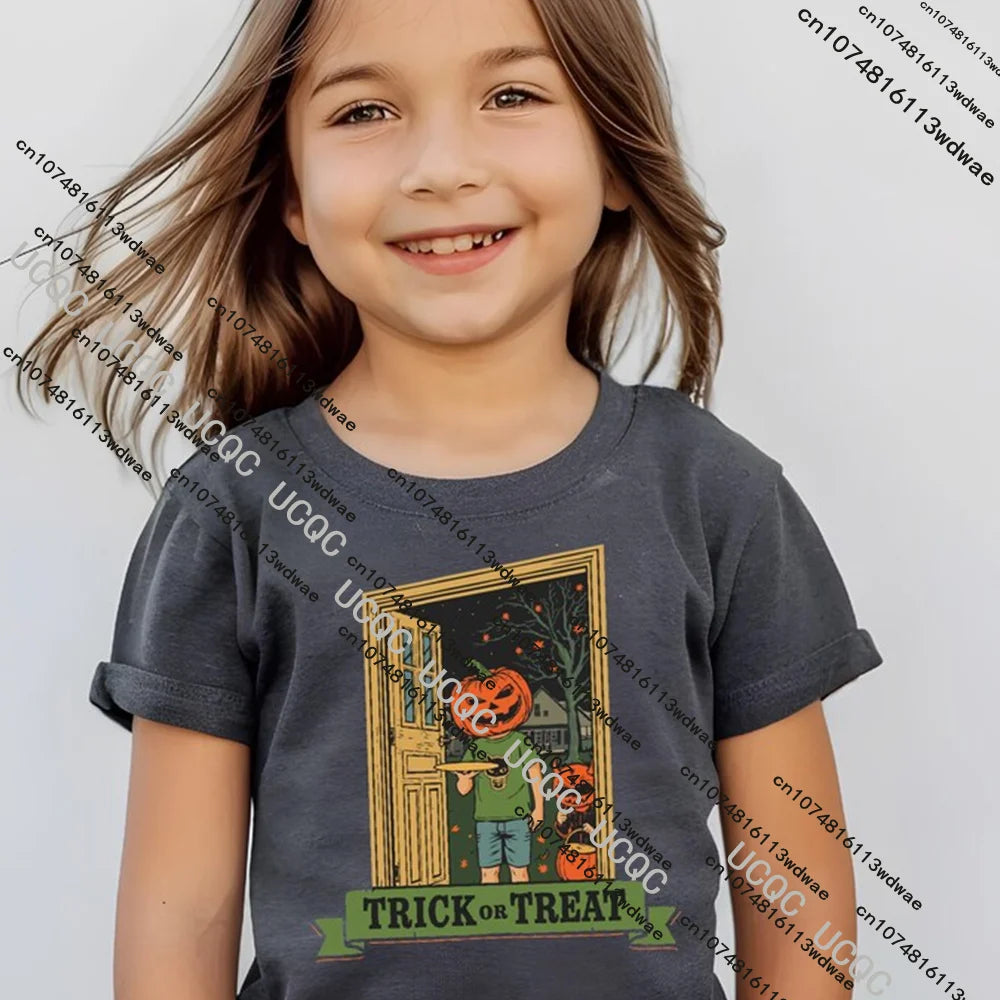 Trick or Treat Kids Halloween T-Shirt Cute Children in Costume Graphic Tee Spooky Candy Collecting T-shirt Boy Festival Outfit