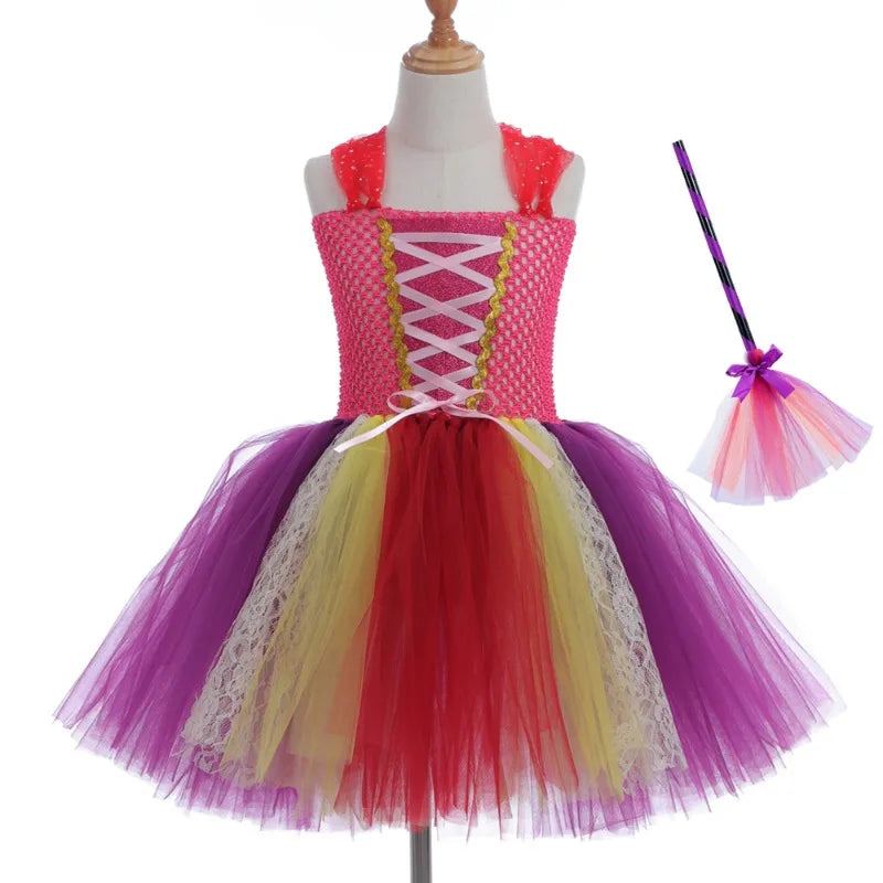 Halloween Children Costume Tulle Dress Girls Cosplay Vestidos Party Evil Queen Mesh Princess Dress Kids Crow Wand