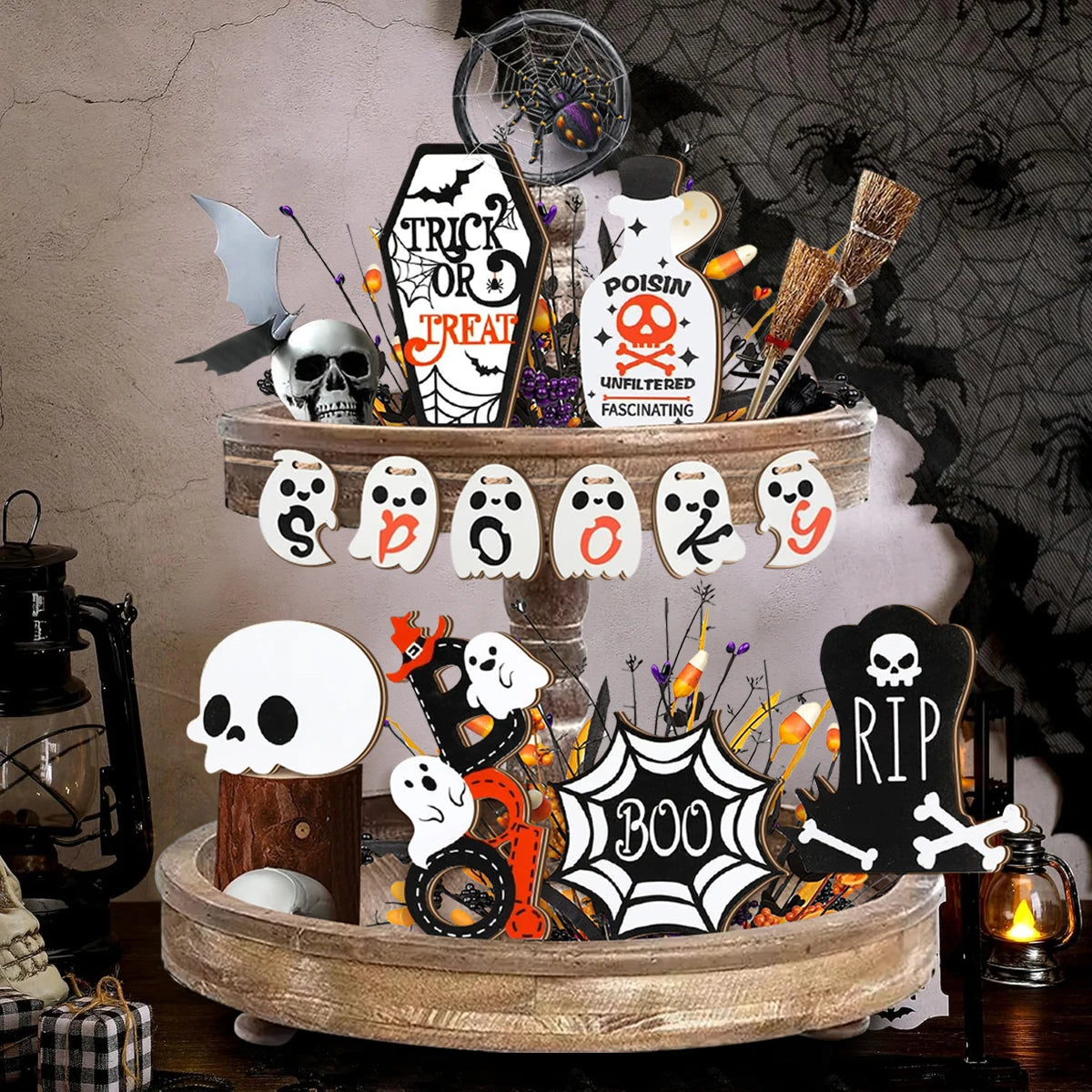 Halloween -  Wooden Tray Decorations: Spooky Skulls, Bats, Ghosts and More for Haunting Home Party Halloween Decor