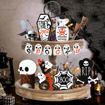 Halloween -  Wooden Tray Decorations: Spooky Skulls, Bats, Ghosts and More for Haunting Home Party Halloween Decor
