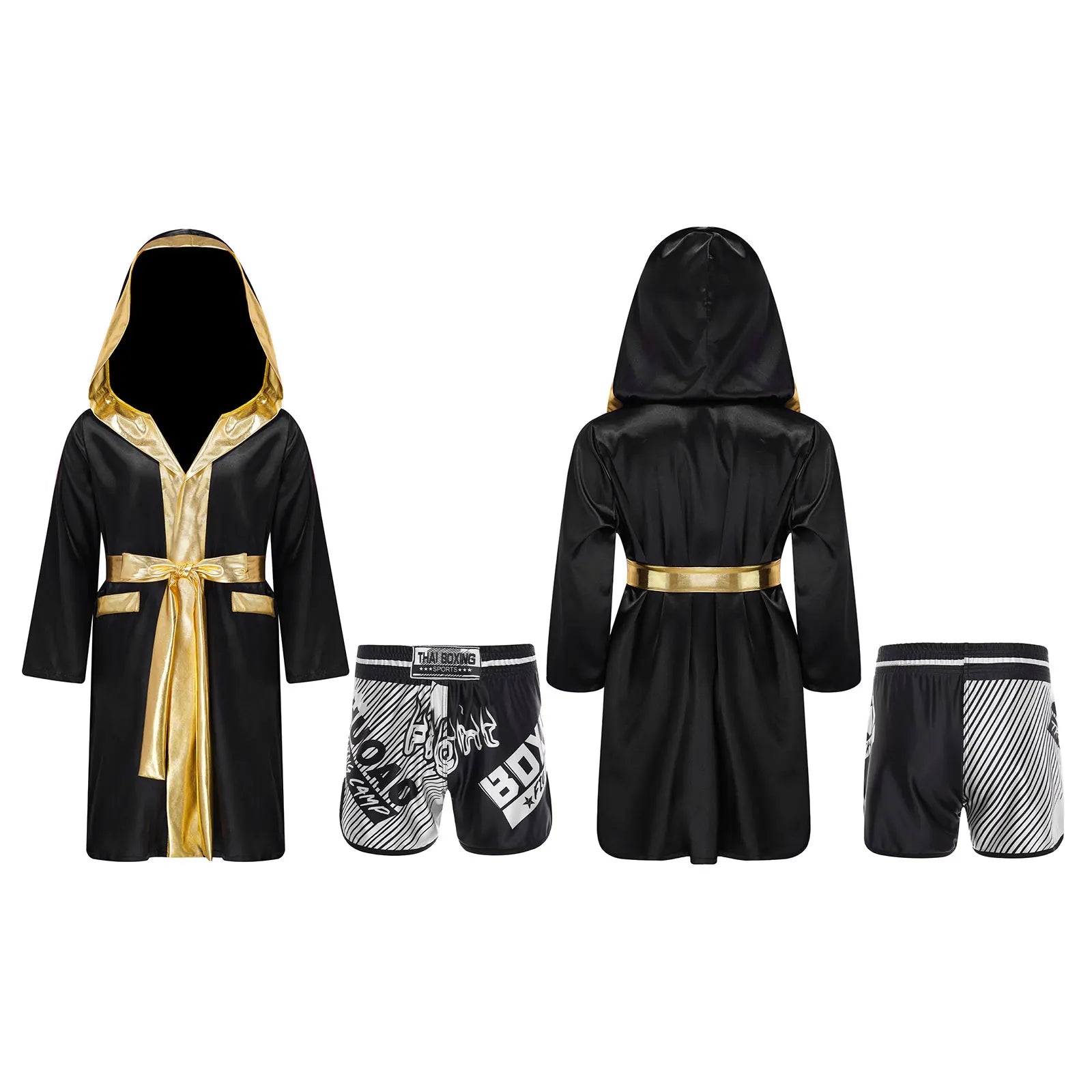Boys Boxing Robe Outfit Halloween Theme Party Boxer Cosplay Costume Long Sleeve Metallic Satin Hooded Cloak with Belt Shorts