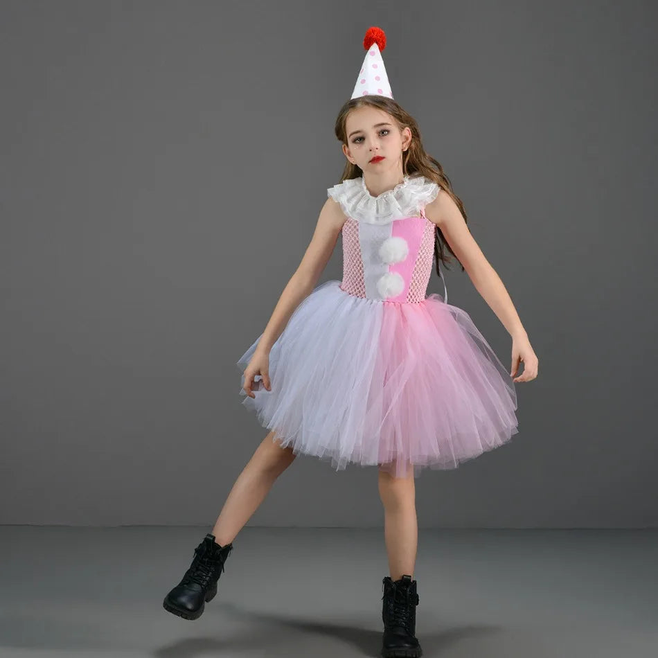 Halloween Costume For Kids Gray Girls Tutu Dress Kids Cosplay Scary Clown Costume Girl Carnival Masquerade Party Dress Up 2-12Y