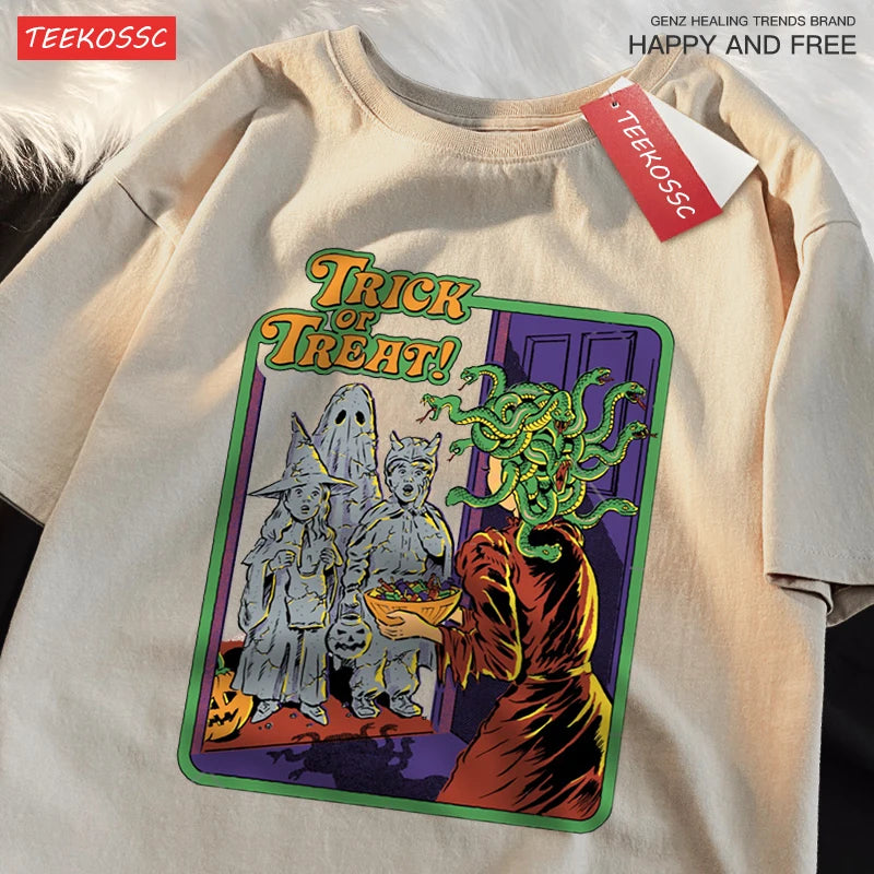 Trick Or Treat Scary Halloween T-Shirts Men Women Fashion Cotton Short Sleeve Summer Oversize T-Shirt Casual Street Streetwear