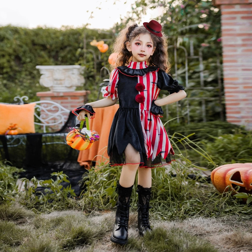 Halloween children's costume; clown costume for girls; party dress for a fun outfit; carnival performance outfit.