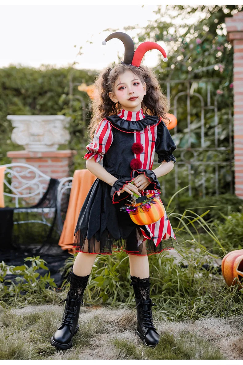 Halloween children's costume; clown costume for girls; party dress for a fun outfit; carnival performance outfit.