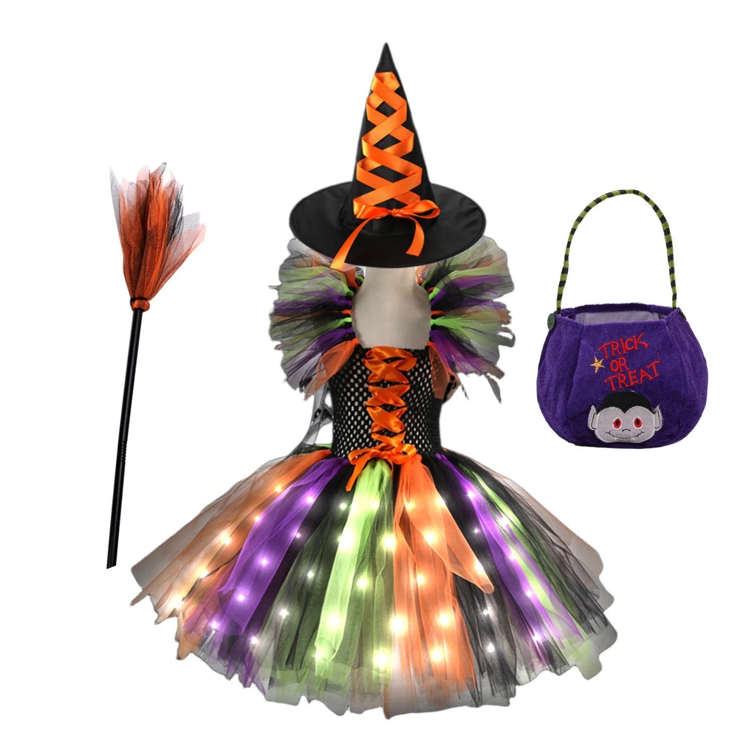 Halloween Costume For Kids Girls Witch Cosplay Tutu Knee LED Dress With Hat Broom Children Carnival Vestidos Fancy Clothes New