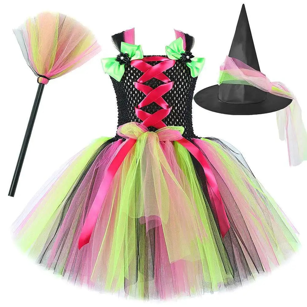 Kids Halloween Witch Costumes for Girls Carnival Party Fancy Dresses with Witches Hat Broom Children Hallowmas Disguise Outfit